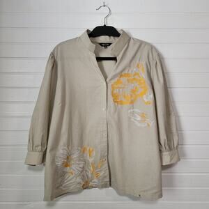 Misook XL Cotton Linen Embroidered Floral Art Khaki Boxy Oversized Button Up Top